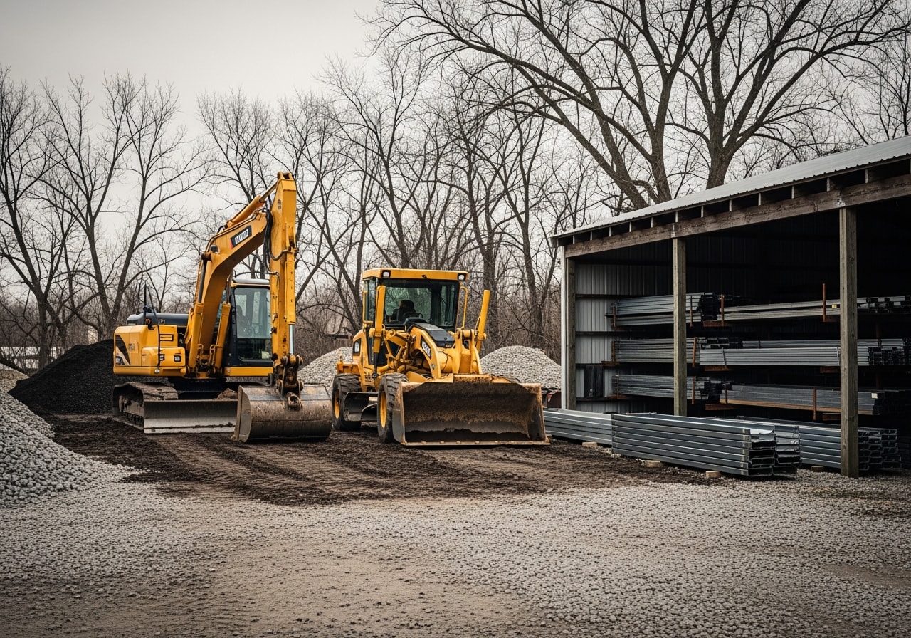 Construction equipment and tools on a job site, showcasing excavation and grading work for residential projects.