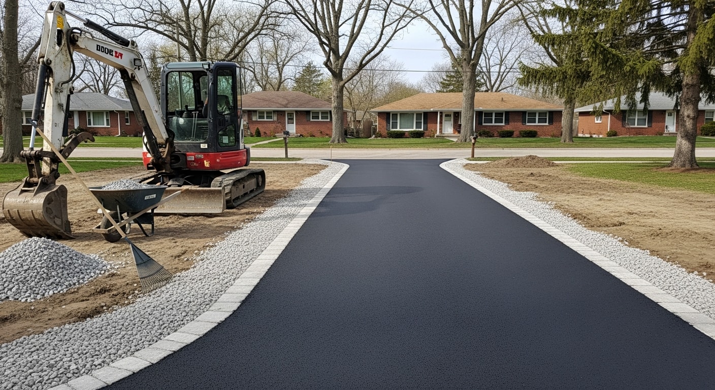 Completed gravel driveway with proper grading in a residential setting