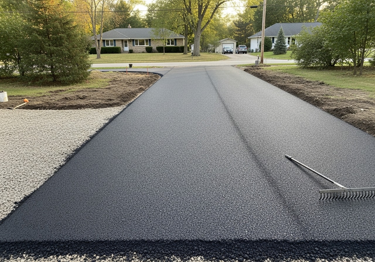 Freshly installed asphalt millings driveway with proper grading in Grand Rapids