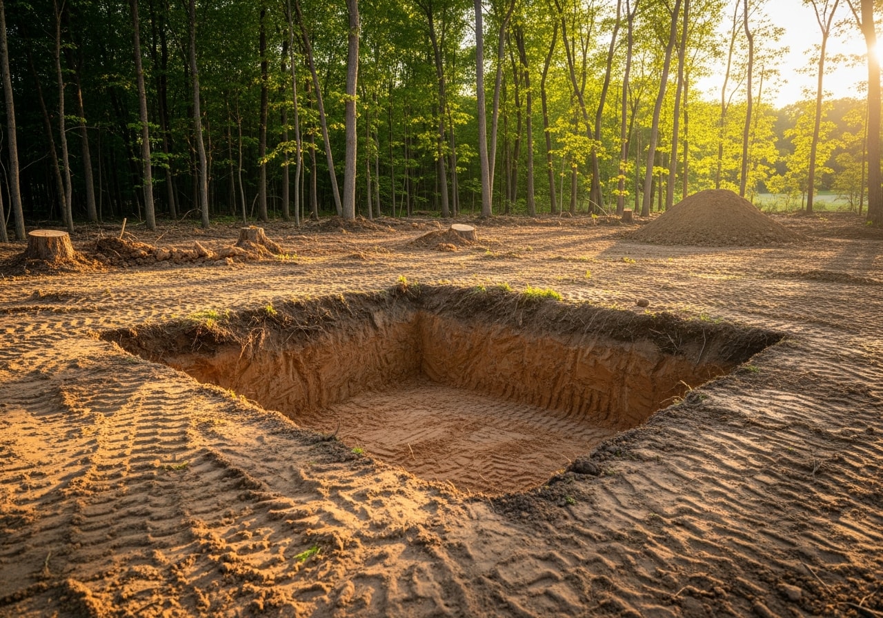 Cleared lot with excavated basement foundation and graded slopes in Jackson