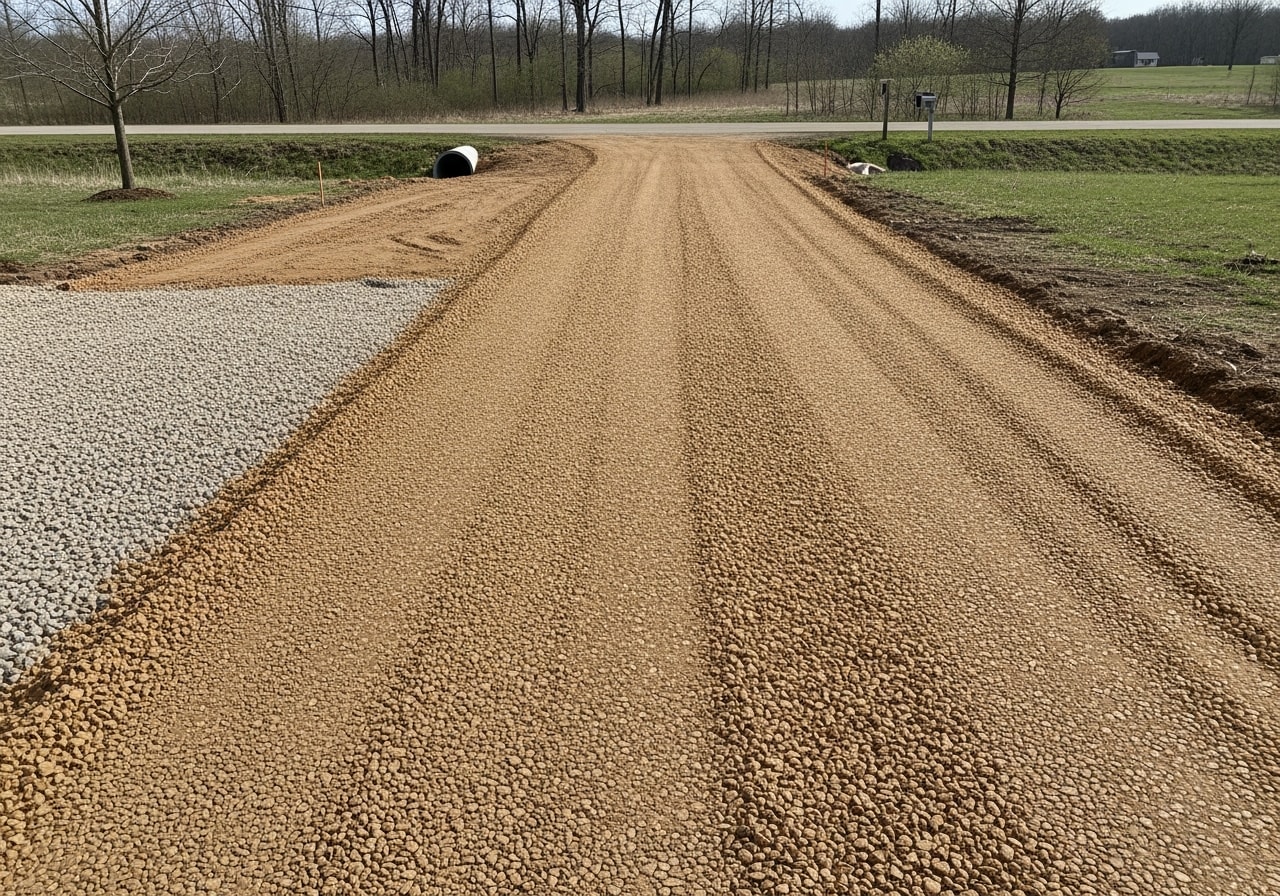 Completed limestone and crushed stone gravel driveway with proper grading in Lansing