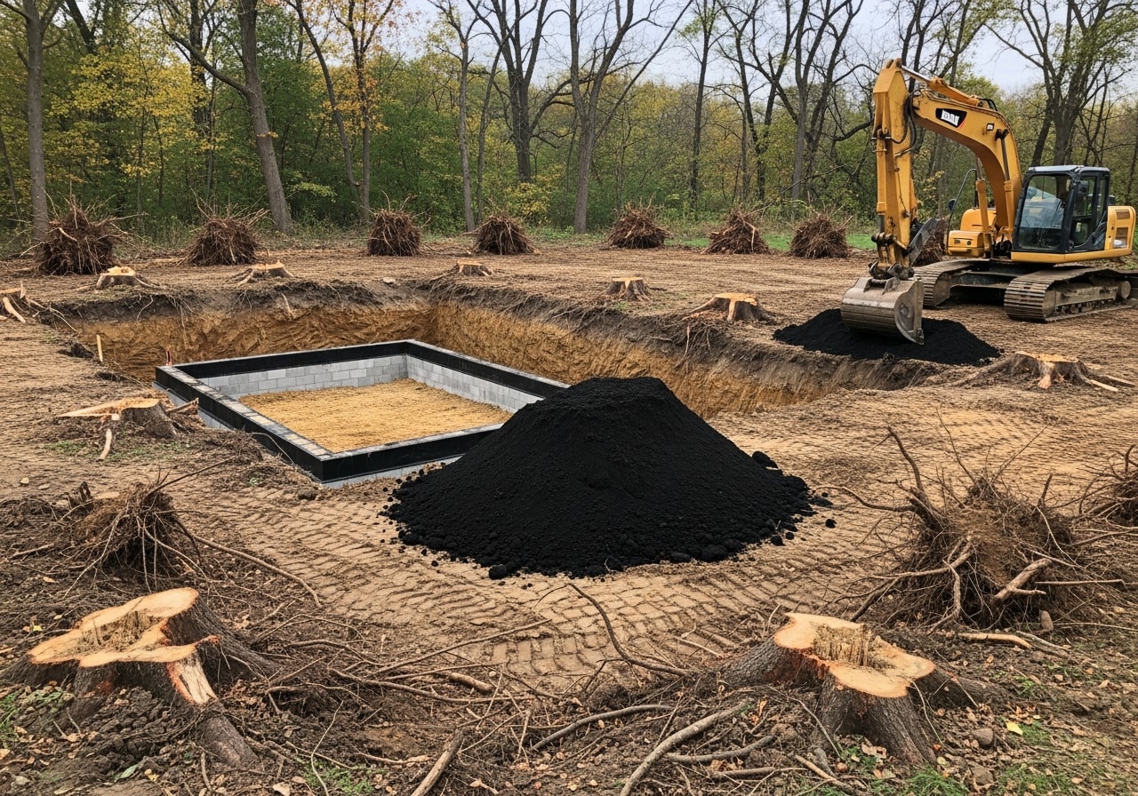 Cleared lot with excavated basement foundation and graded drainage slopes in Kalamazoo