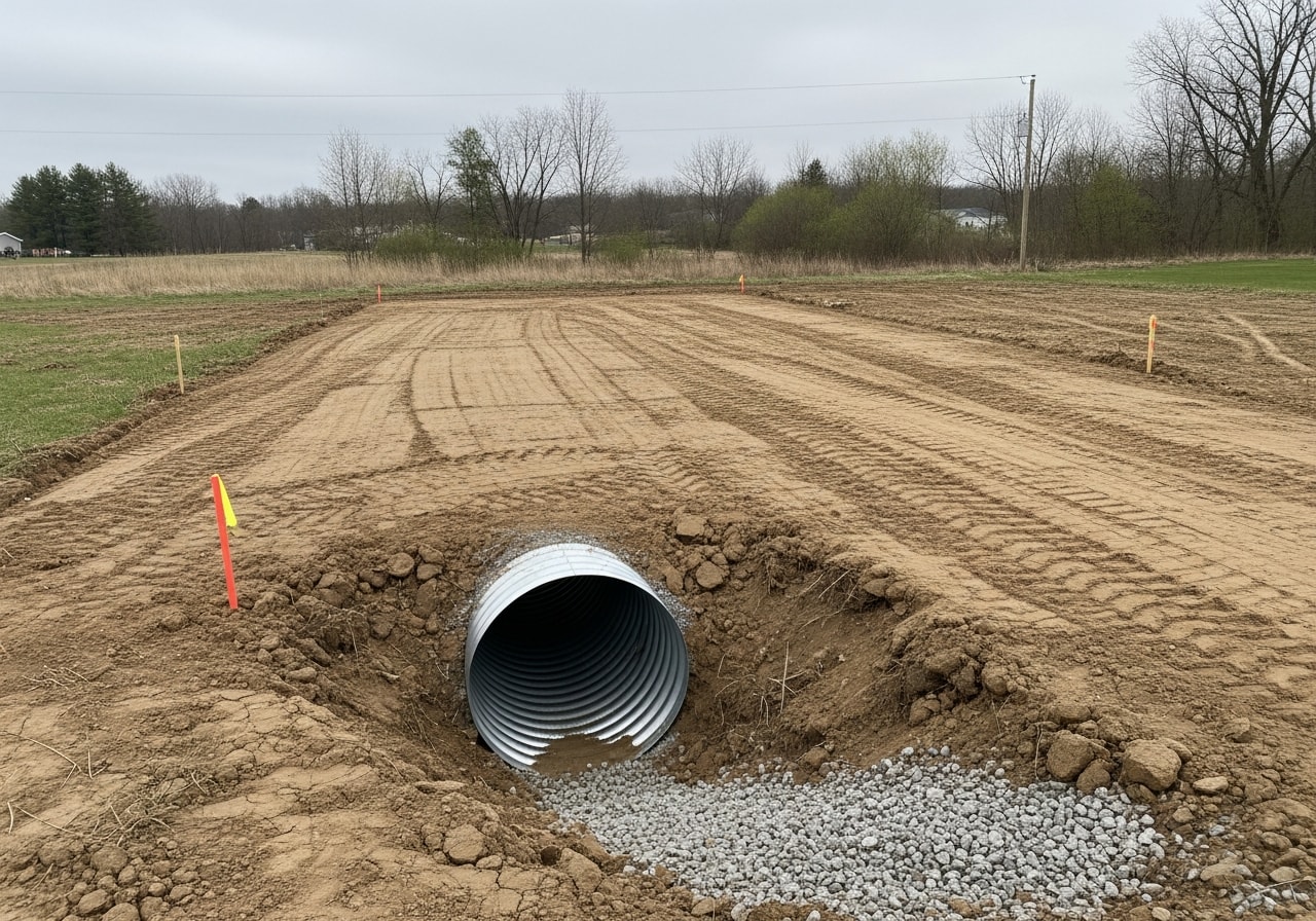 Prepared manufactured home lot with installed culvert and graded driveway in Okemos