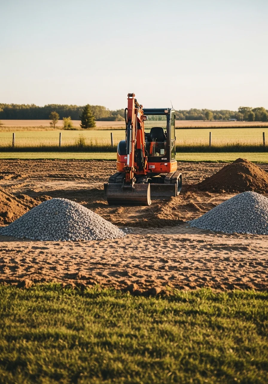 Manufactured home site preparation equipment working on cleared lot in Eaton County Michigan