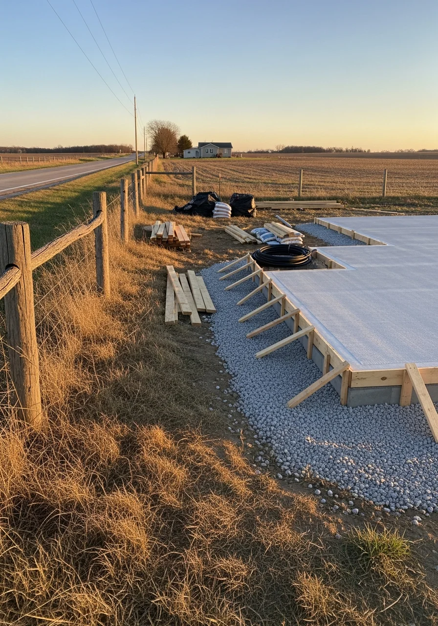 Manufactured home being positioned on prepared foundation in rural Eaton County Michigan