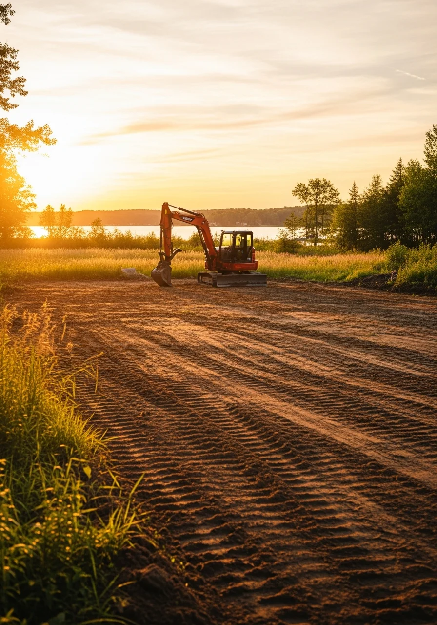Heavy equipment performing lot clearing and grading services near Jordan Lake in Lake Odessa