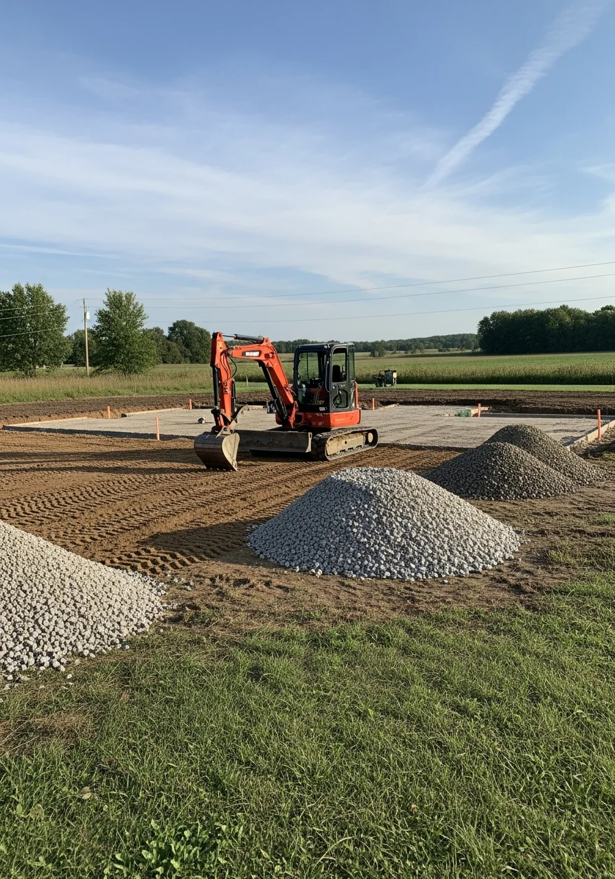 Excavation and grading equipment preparing residential lot in Eaton County