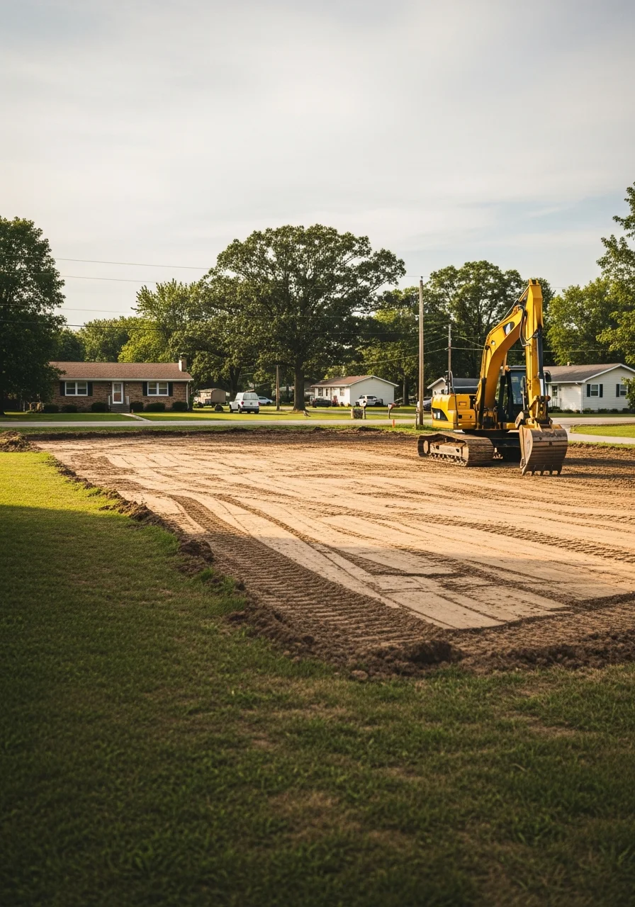 Excavation equipment grading and preparing residential lot in Eaton County