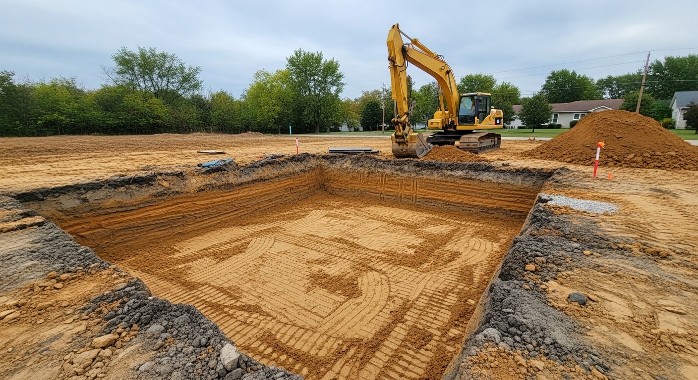 A large excavator digging a full basement cavity on a residential lot in Charlotte, NC, with red clay soil visible along the excavation walls. The surrounding area is cleared and graded in preparation for foundation work.