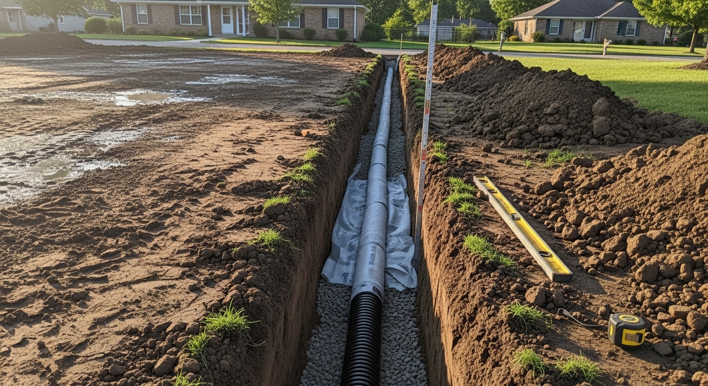 Excavated drainage field trench on a residential Charlotte property showing graded soil and subsurface pipe layout. B&D Construction crew prepares the site for backfill after drainage field installation.