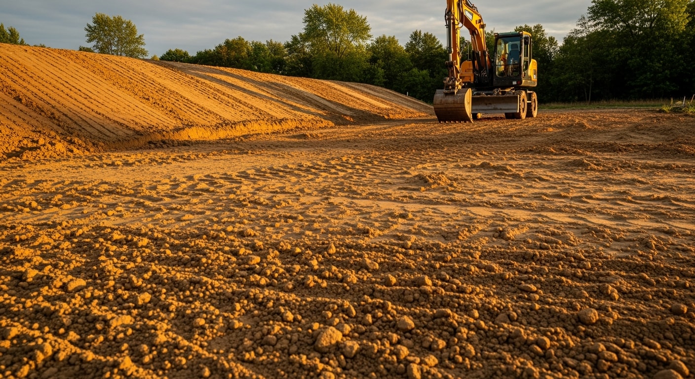 A graded residential lot in Charlotte, NC with smoothly sloped soil compacted and ready for construction. The ground slopes away from the building pad with no standing water or erosion visible.