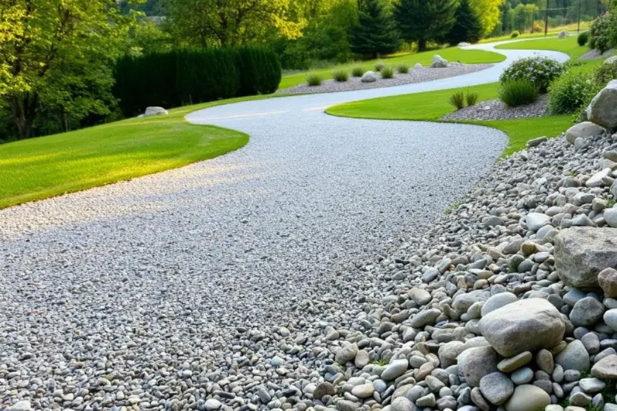 Large natural rocks installed along the edge of a residential driveway in Charlotte, NC, holding gravel in place and defining the border between the driveway surface and a sloped lawn. A close ground-level view shows the rocks set firmly into red clay soil with a clean, structured appearance.