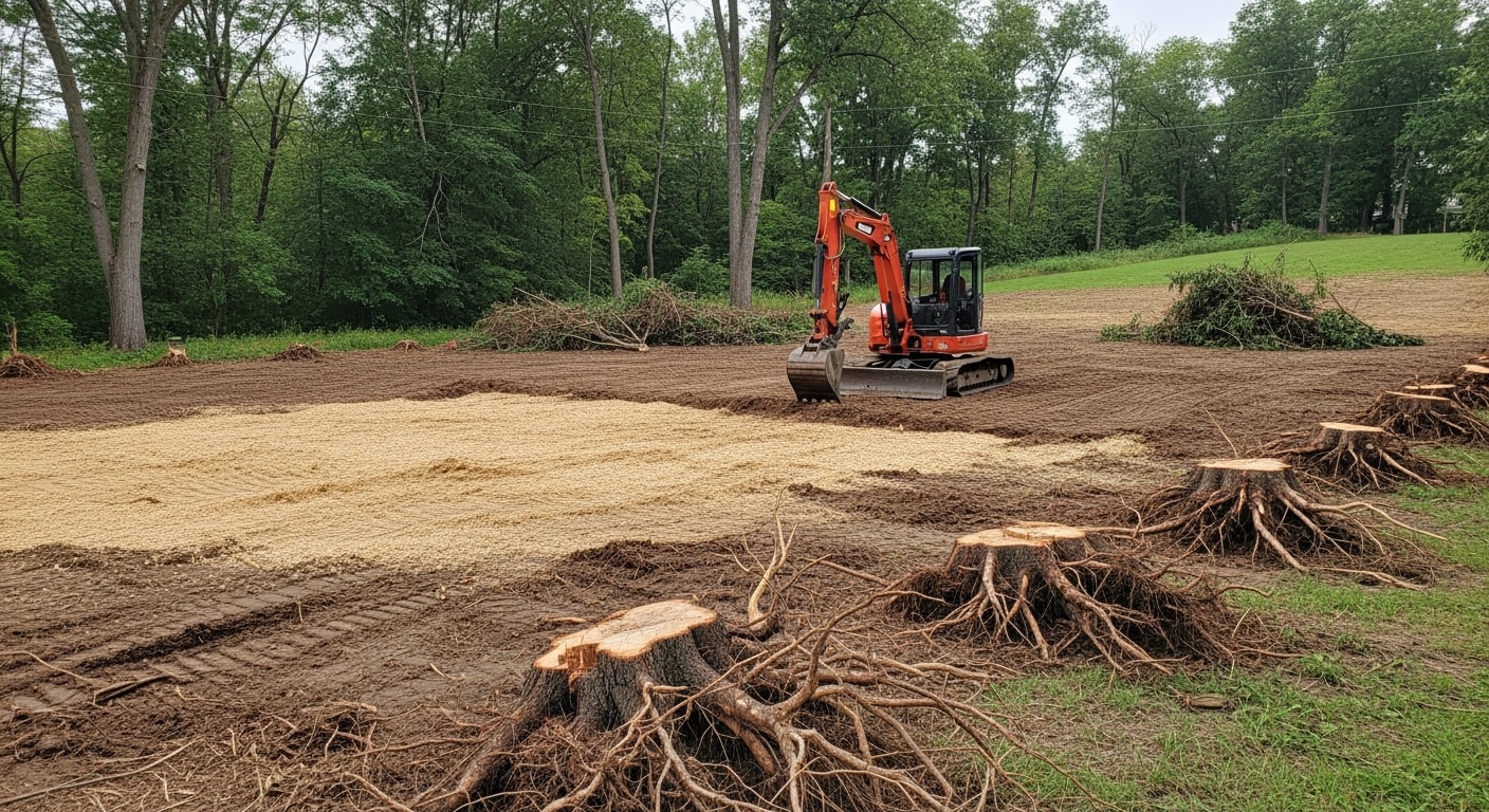 A cleared residential lot in Charlotte, NC showing exposed level soil after tree and brush removal by an excavation contractor. Heavy equipment tracks are visible at the site edge where stumps and overgrowth have been fully removed.