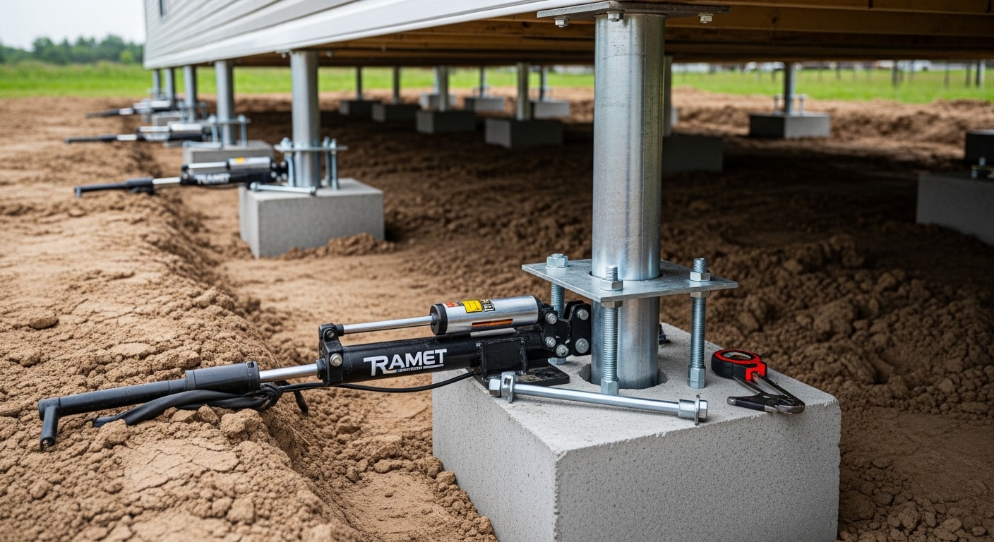 A manufactured home in Charlotte, NC elevated on concrete block piers with visible tie-down straps and freshly installed foundation supports. The underside of the home shows a level, properly spaced pier system on a prepared soil base.