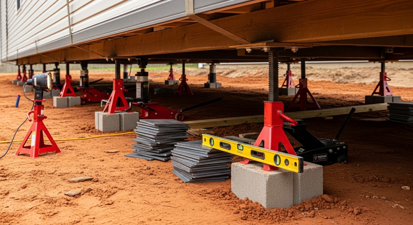 A manufactured home in Charlotte, North Carolina viewed from ground level showing the pier and block support system beneath the frame. A technician inspects the foundation supports during a leveling service visit.