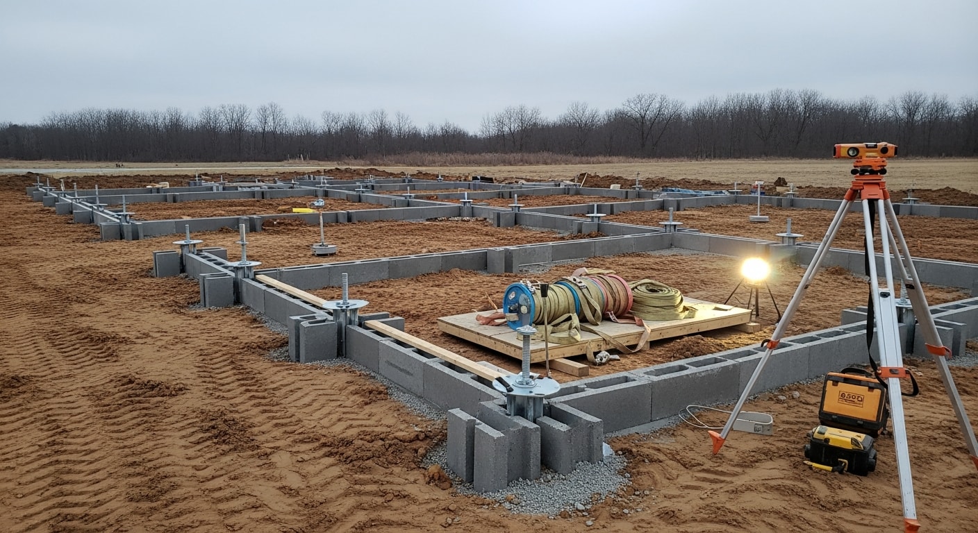 A manufactured home being leveled and set on concrete pier footings at a cleared residential lot in Charlotte, NC. A crew member checks the frame alignment during the placement process.