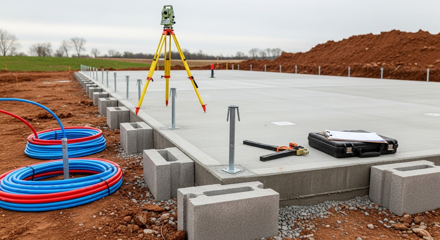 A manufactured home freshly set on a graded lot in Charlotte, NC, with pier blocks visible beneath the frame and utility connections in progress at the side of the home. The surrounding soil is compacted and sloped away from the foundation for drainage.