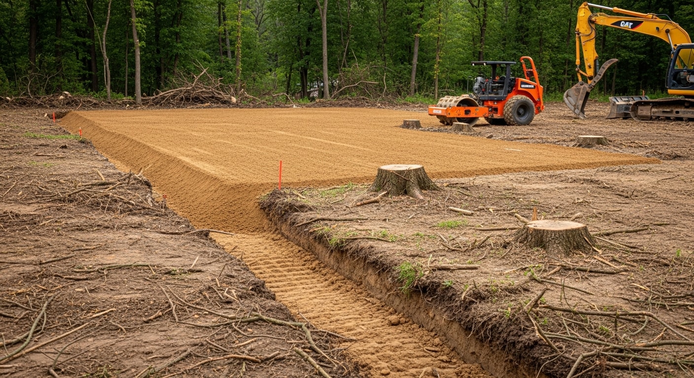 A freshly graded and compacted dirt pad on a cleared residential lot in Charlotte, North Carolina, prepared for manufactured home placement. The site shows level soil with a slight slope away from the center pad area and cleared tree lines at the lot boundary.