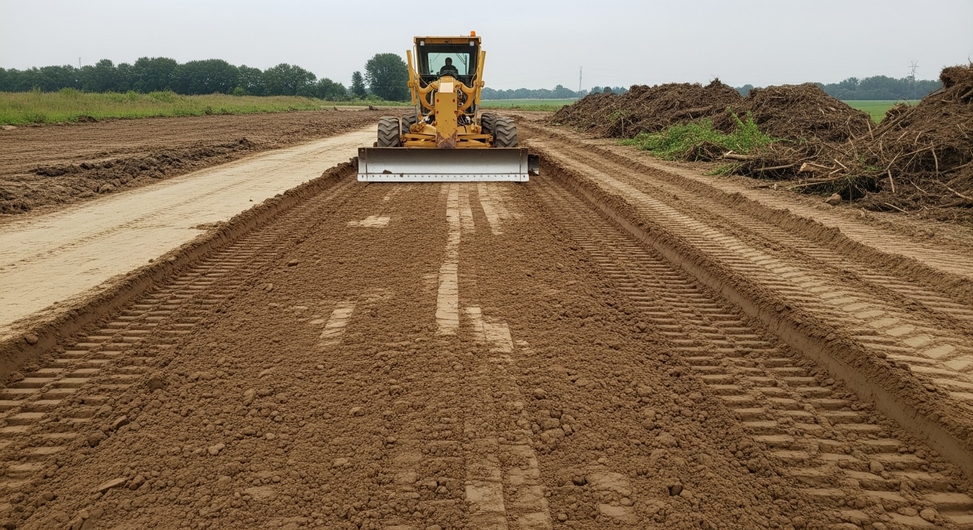 A Charlotte, NC construction lot after site preparation, showing freshly graded and compacted soil with cleared vegetation and a level surface ready for foundation work. An excavator is visible in the background on a clay-soil residential build site.