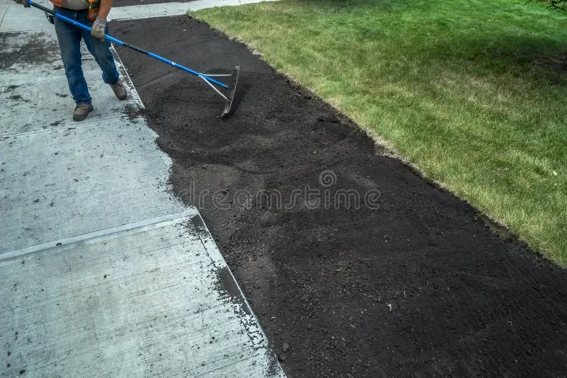 Freshly spread and graded top soil covering a residential yard in Charlotte, NC, with a smooth, even surface ready for sod or seeding. A driveway edge is visible in the background, showing the graded transition between the soil bed and the paved surface.